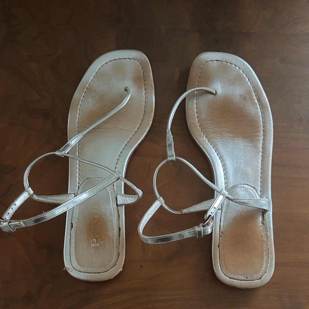 Prada Metallic Silver Strappy Women's Sandals 37.5
